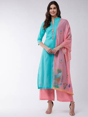 Blue printed cotton kurta set 1