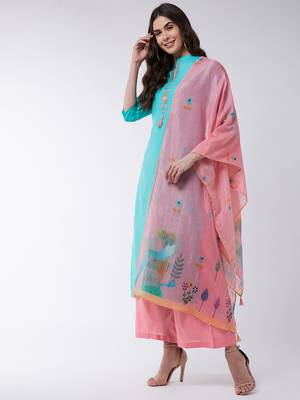 Blue printed cotton kurta set 2