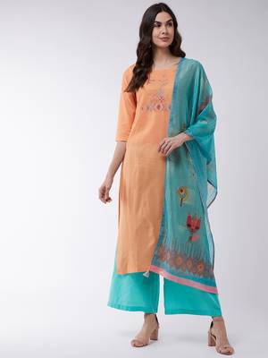 Orange printed cotton kurta set 1