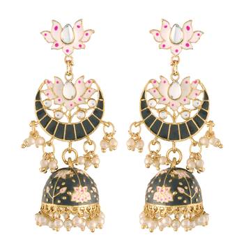 Traditional Floral Kundan Studded Black Meenakari Jhumka Earrings For Women  1