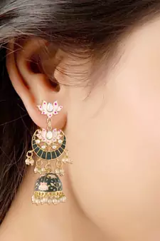 Traditional Floral Kundan Studded Black Meenakari Jhumka Earrings For Women 