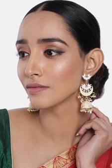  Floral Kundan Studded Cream Meenakari Jhumka Earrings