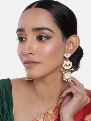  Floral Kundan Studded Cream Meenakari Jhumka Earrings 1