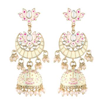  Floral Kundan Studded Cream Meenakari Jhumka Earrings 2