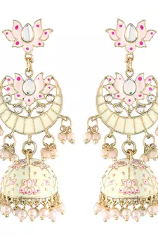  Floral Kundan Studded Cream Meenakari Jhumka Earrings