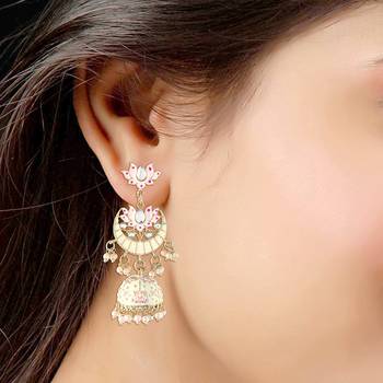  Floral Kundan Studded Cream Meenakari Jhumka Earrings 3