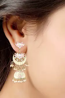  Floral Kundan Studded Cream Meenakari Jhumka Earrings
