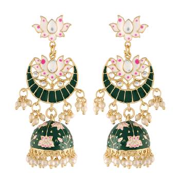  Traditional Floral Kundan Studded Green Meenakari Jhumka Earrings For Women 1