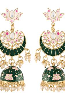  Traditional Floral Kundan Studded Green Meenakari Jhumka Earrings For Women(E2912G)
