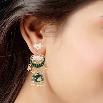  Traditional Floral Kundan Studded Green Meenakari Jhumka Earrings For Women 3