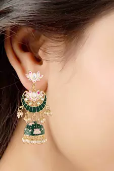  Traditional Floral Kundan Studded Green Meenakari Jhumka Earrings For Women