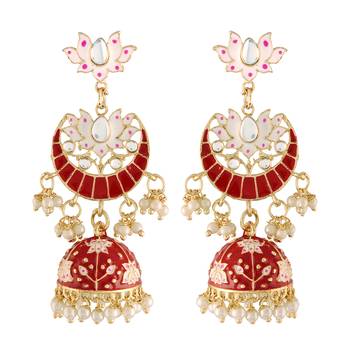 Traditional Floral Kundan Studded Red Meenakari Jhumka Earrings For Women (E2912R) 1