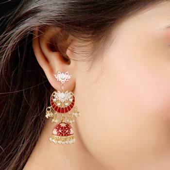 Traditional Floral Kundan Studded Red Meenakari Jhumka Earrings For Women (E2912R) 2