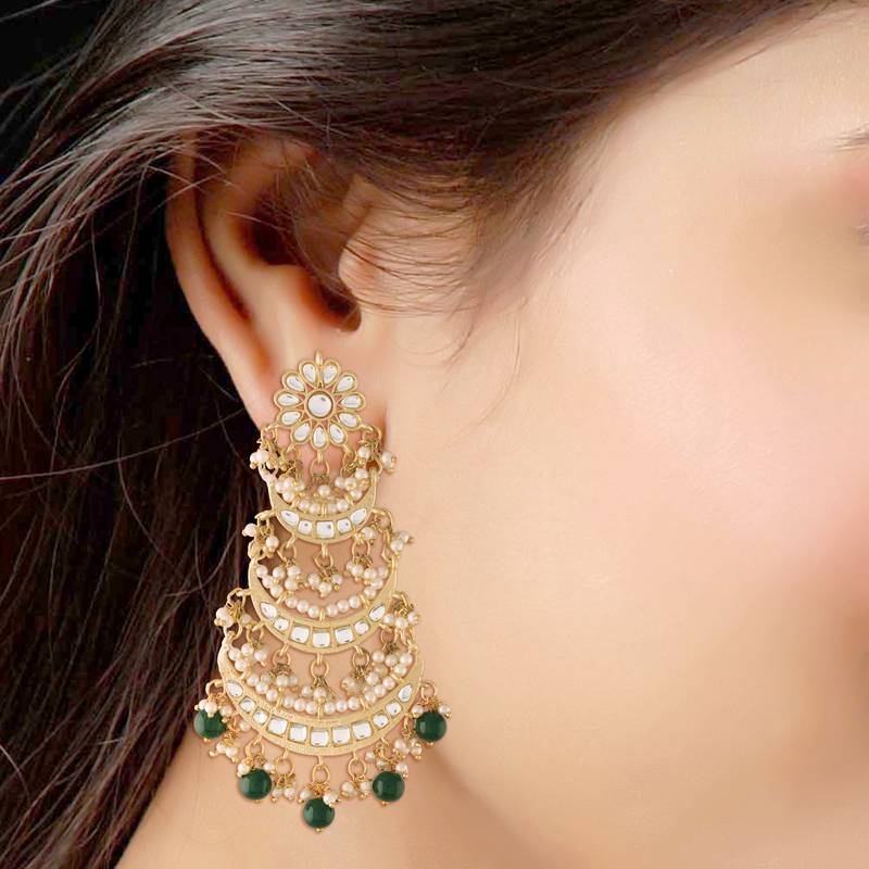 3 Layered Beaded Chandbali Earrings with Kundan and Pearl Work for Women 