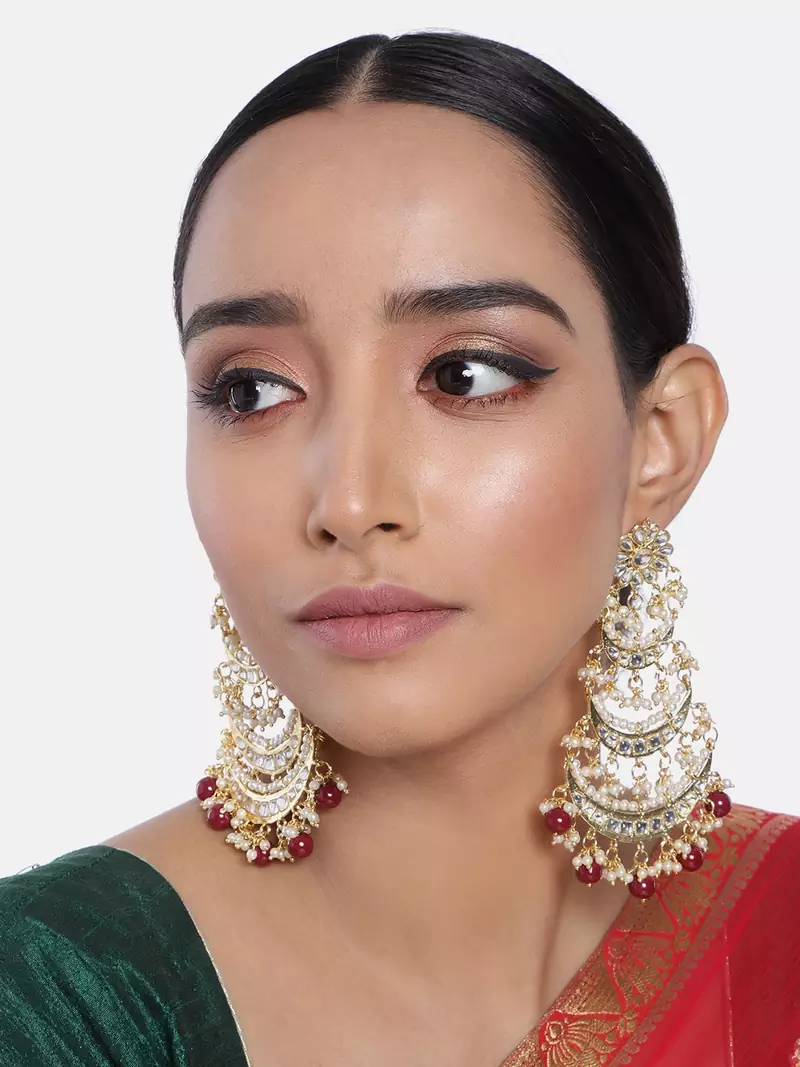  3 Layered Beaded Chandbali Earrings with Kundan and Pearl Work