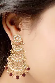  3 Layered Beaded Chandbali Earrings with Kundan and Pearl Work