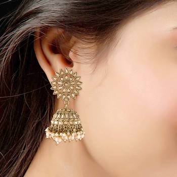 Traditional Handcrafted Jhumki Earrings Encased with Faux Kundan & Pearl for Women/Girls  2