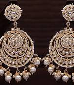 Designed Traditional Chandbali Earrings Glided With Kundans & Pearls 