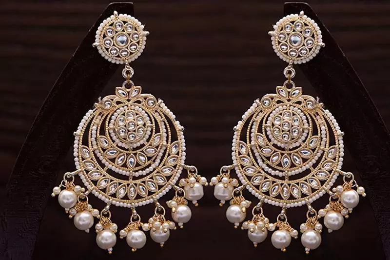 18K Gold Plated Intricately Designed Traditional Chandbali Earrings Glided With Kundans & Pearls (E3002W)