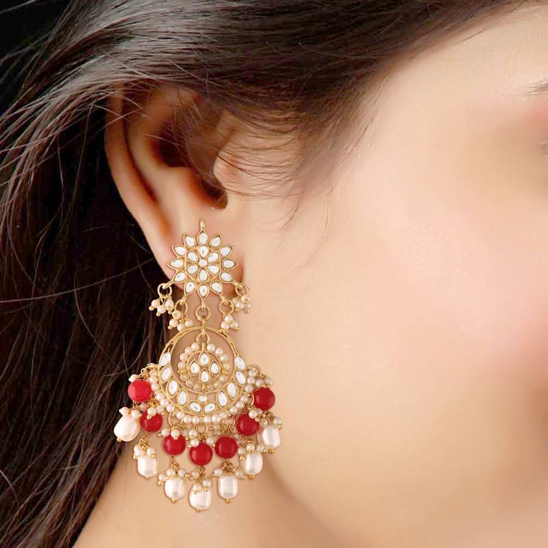 Traditional Handcrafted Pearl Kundan Beaded Chandbali Earrings for Women/Girls 
