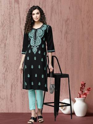 Hand Embroidered Black Cotton Lucknow Chikankari Women Kurti 1