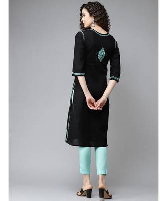 Hand Embroidered Black Cotton Lucknow Chikankari Women Kurti 2