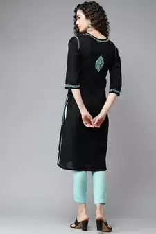 Hand Embroidered Black Cotton Lucknow Chikankari Women Kurti