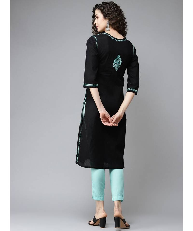 Hand Embroidered Black Cotton Lucknow Chikankari Women Kurti