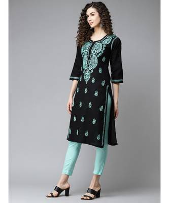 Hand Embroidered Black Cotton Lucknow Chikankari Women Kurti 3