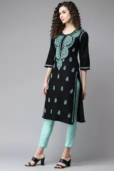 Hand Embroidered Black Cotton Lucknow Chikankari Women Kurti