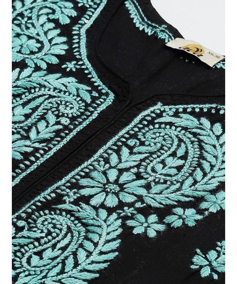 Hand Embroidered Black Cotton Lucknow Chikankari Women Kurti