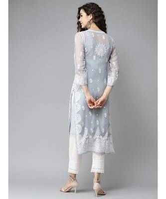 Hand Embroidered Grey Georgette Lucknow Chikankari Women Kurta With Slip 2