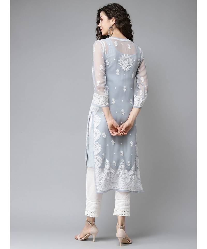 Hand Embroidered Grey Georgette Lucknow Chikankari Women Kurta With Slip