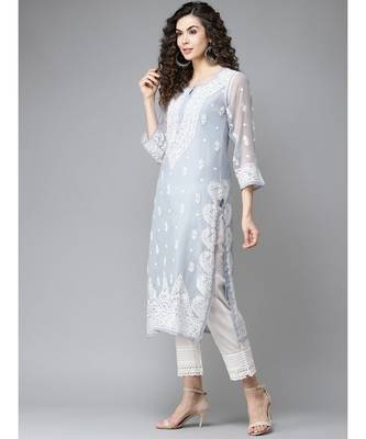 Hand Embroidered Grey Georgette Lucknow Chikankari Women Kurta With Slip 3