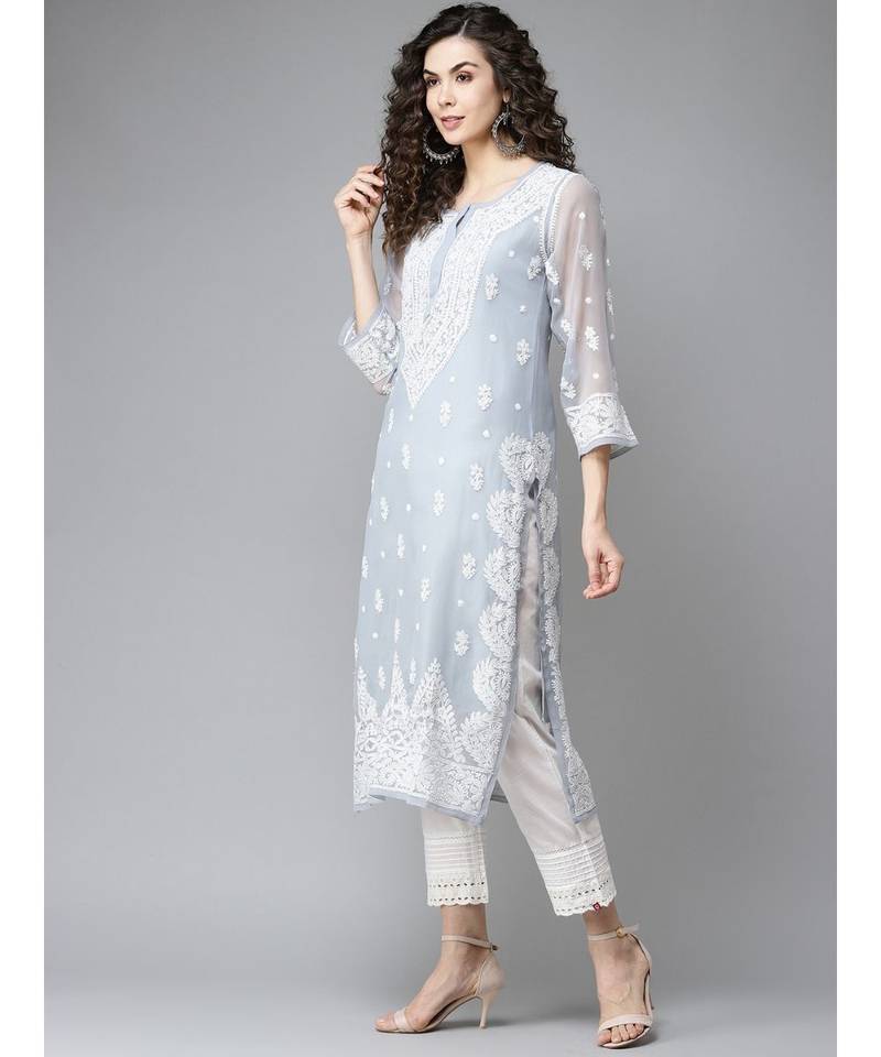 Hand Embroidered Grey Georgette Lucknow Chikankari Women Kurta With Slip