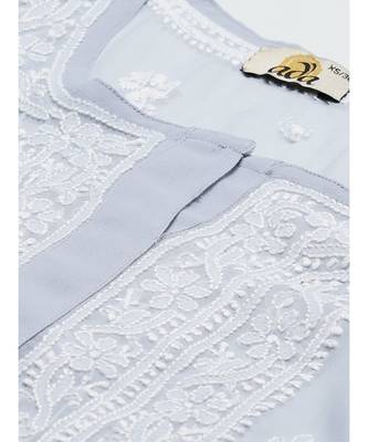Hand Embroidered Grey Georgette Lucknow Chikankari Women Kurta With Slip 4
