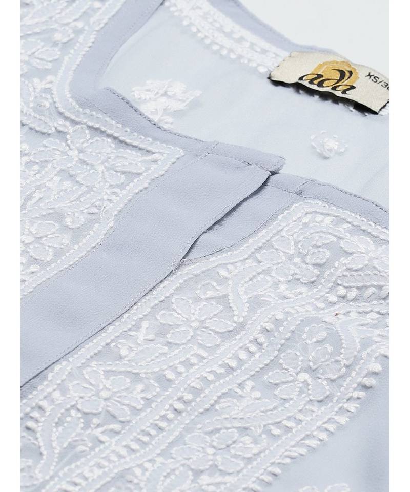 Hand Embroidered Grey Georgette Lucknow Chikankari Women Kurta With Slip