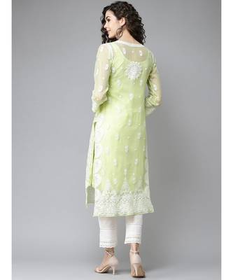Women'S Hand Embroidered Straight Green Georgette Lucknow Chikankari Kurta With Slip 2