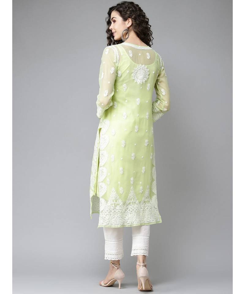 Women'S Hand Embroidered Straight Green Georgette Lucknow Chikankari Kurta With Slip
