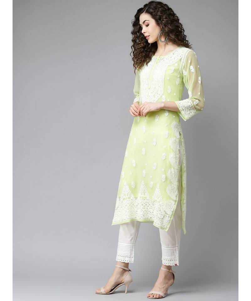 Women'S Hand Embroidered Straight Green Georgette Lucknow Chikankari Kurta With Slip