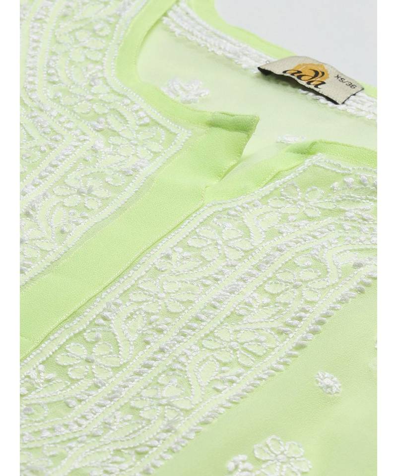 Women'S Hand Embroidered Straight Green Georgette Lucknow Chikankari Kurta With Slip