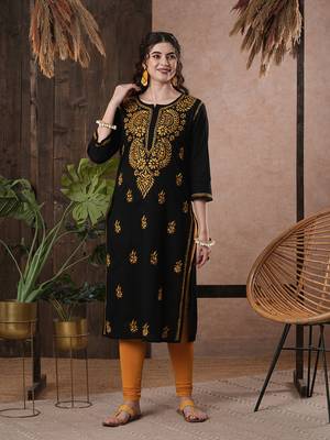 Hand Embroidered Black Cotton Lucknow Chikankari Women Kurta 1
