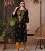 Hand Embroidered Black Cotton Lucknow Chikankari Women Kurta