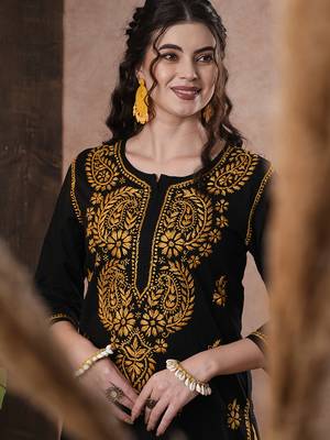 Hand Embroidered Black Cotton Lucknow Chikankari Women Kurta 3