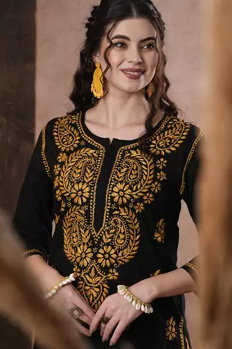 Hand Embroidered Black Cotton Lucknow Chikankari Women Kurta