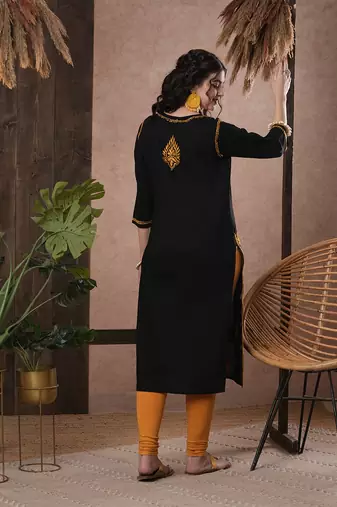 Hand Embroidered Black Cotton Lucknow Chikankari Women Kurta