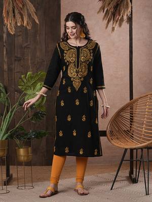 Hand Embroidered Black Cotton Lucknow Chikankari Women Kurta 5