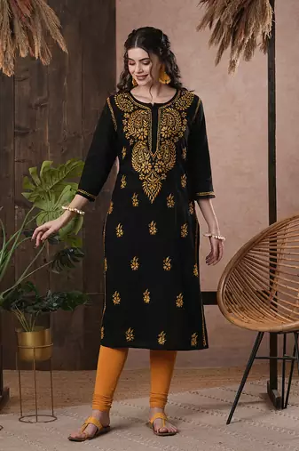 Hand Embroidered Black Cotton Lucknow Chikankari Women Kurta