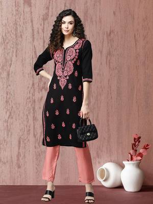 Ada Hand Embroidered Black Cotton Lucknow Chikankari Women Kurti - A411193 1