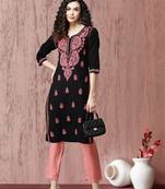 Ada Hand Embroidered Black Cotton Lucknow Chikankari Women Kurti - A411193